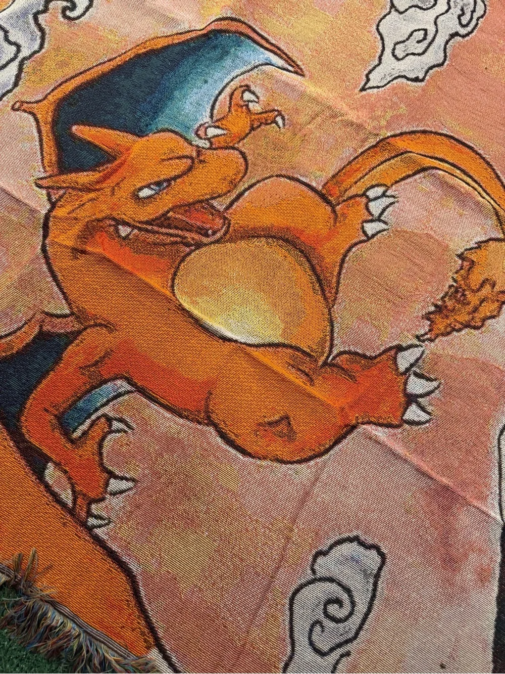 Charizard & Blastoise Decorative Woven Tapestry Blanket - Orange Blue Anime Art